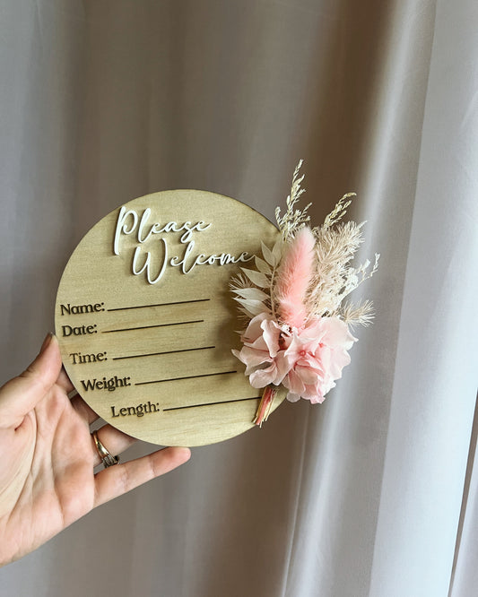 Dried posie birth announcement plaque